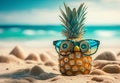 Attractive ripe pineapple and sun glasses on sand against turquoise water. Tropical summer vacation concept. Generative AI