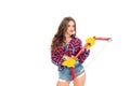 attractive seductive girl posing with bow saw,