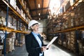 Senior woman warehouse manager or supervisor with tablet, working. Royalty Free Stock Photo
