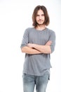 Attractive serious young man with long hair