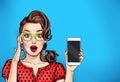 Attractive girl in specs with phone in the hand in comic style. Pop art woman