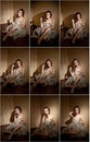 Attractive young woman wrapped in a fur coat sitting in hotel room. Portrait of sensual female daydreaming near a wall Royalty Free Stock Photo