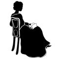 Attractive sitting girl silhouette with book. Vintage dreaming female silhouette in victorian style. Antique dress, shawl