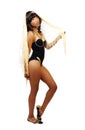 Attractive Skinny Black Woman Standing Leotards Golden Shawl