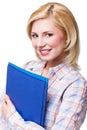 Attractive smiling blonde woman with documents looking into camera Royalty Free Stock Photo