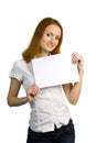 Attractive smiling business woman holding sign Royalty Free Stock Photo