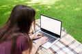 Attractive smiling girl works remotely behind a close-up laptop in a city park, lying on a plaid. A place for text. mock-up Royalty Free Stock Photo