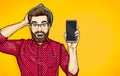 Attractive smiling hipster in specs with phone in the hand in comic style. Pop art man in hat holding smartphone.