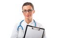 Attractive smiling woman doctor with stethoscope and blank clipboard