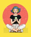 Attractive smiling woman in headphones with mobile phone in hand. Pop art woman holding smartphone.