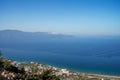 Attractive spring cityscape of Vlore city from Kanines fortress. Captivating sunset sescape of Adriatic sea. Spectacular