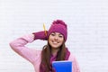 Attractive Student Girl Happy Emotional Smile In Pink Hat Holding Folder Pencil Royalty Free Stock Photo