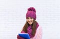 Attractive Student Smile Teenage Girl In Pink Hat Holding Folder Pencil Royalty Free Stock Photo