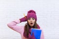 Attractive Stunned Teenage Girl In Pink Hat Student Shocked Holding Folder Pencil