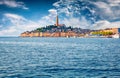 Attractive summer cityscape of Rovinj town, Croatian fishing port on the west coast of the Istrian peninsula.