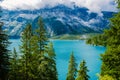 Attractive summer morning on the unique Oeschinensee Lake. Wonderful outdoor scene in the Swiss Alps with Bluemlisalp Royalty Free Stock Photo