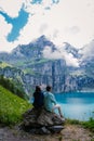 Attractive summer morning on the unique Oeschinensee Lake. Wonderful outdoor scene in the Swiss Alps with Bluemlisalp Royalty Free Stock Photo