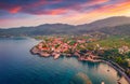 Attractive summer view of Kardamyli port. Wonderful morning seascape of Mediterranean sea.