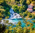 Attractive summer view of Skradinski Buk waterfall. Bright morning scene of Krka National Park, Lozovac village location, Croatia,