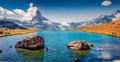 Attractive summer view of Stellisee lake. Great outdoor scene with Matterhorn Royalty Free Stock Photo