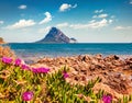 Attractive summer view of Tavolara island from Porto Taverna beach. Nice morning scene of Sardinia island, Italy, Europe. Amazing Royalty Free Stock Photo