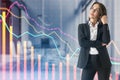 Attractive thoughful european businesswoman with downward red crisis chart grid on blurry office interior background. Recession