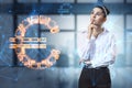 Attractive thoughtful young european businesswoman standing in blurry office interior with glowing euro sign. Online banking and Royalty Free Stock Photo