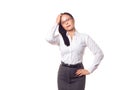 Attractive tired adult caucasian business woman in formal shirt and a skirt, eyeglasses. Lady fix her hair by her hand Royalty Free Stock Photo