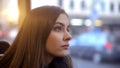 Attractive tired woman riding in bus, everyday routine, transportation concept