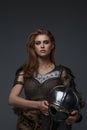 Stunning Viking model dressed in chainmail armor and fur Royalty Free Stock Photo