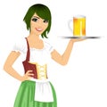 Attractive waitress holding tray with beer mug for oktoberfest party wearing a dirndl