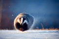 Attractive winter scene with badger. European badger & x28;Meles meles& x29; running on the snow. Animal in nature habitat Royalty Free Stock Photo