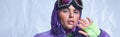 attractive woman in balaclava, purple winter