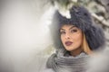 Attractive woman with black fur cap and gray shawl enjoying the winter. Frontal view of fashionable brunette girl with makeup Royalty Free Stock Photo