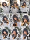 Attractive woman with brown fur cap and jacket enjoying the winter. Side view of fashionable blonde girl posing Royalty Free Stock Photo