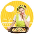 Attractive woman cooks pizza.Retro kitchen collage Royalty Free Stock Photo