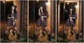 Attractive woman with country look, indoors shot, american country style. Girl with black cowboy hat and guitar Royalty Free Stock Photo