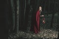 Attractive woman dressed a little red riding-hood walk in a dark forest with lantern Royalty Free Stock Photo