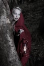 Attractive woman dressed a little red riding-hood walk in a dark forest with lantern Royalty Free Stock Photo