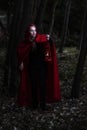 Attractive woman dressed a little red riding-hood walk in a dark forest with lantern Royalty Free Stock Photo