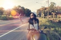 Attractive Woman Enjoy Sun Flare On Motorcycle Wear Helemt On Countryside Road Pretty Woman Motorcyclist Travel On