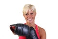 Attractive woman exercising with sparring gloves