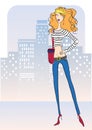 Attractive woman with fashion jeans.Vector illustr