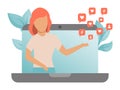 Attractive woman influenser online on screen of laptop with likes, shares, followers icons around Royalty Free Stock Photo