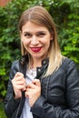 Attractive woman with leather jacket