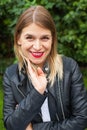 Attractive woman with leather jacket