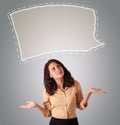 Attractive woman looking abstract speech bubble copy space