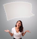 Attractive woman looking abstract speech bubble copy space
