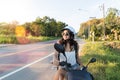 Attractive Woman On Motorcycle Wear Helemt On Countryside Road Pretty Woman Motorcyclist Travel On Motorbike