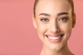 Attractive Woman With Perfect Skin Smiling Posing On Pink Background Royalty Free Stock Photo